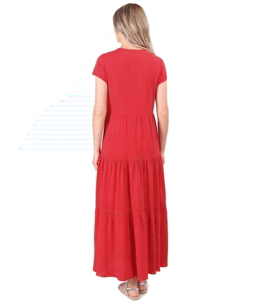 Rochie lunga cu volane din viscoza imprimata cu picouri