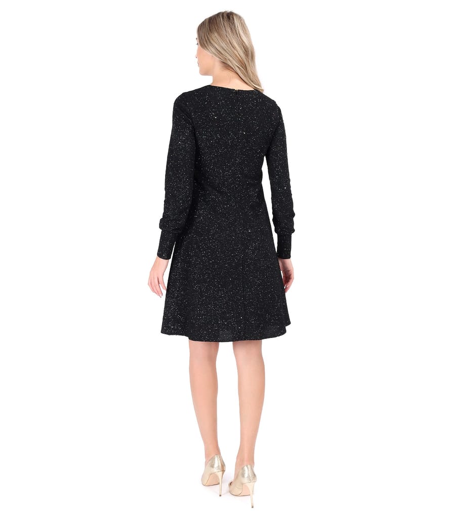 Rochie evazata cu decolteu adanc din stofa elastica cu sclipici