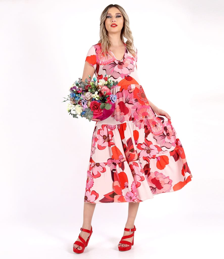 Rochie midi cu volane din viscoza imprimata cu motive florale