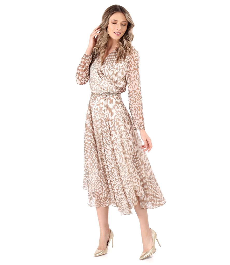 Rochie eleganta din voal imprimat cu lant in talie