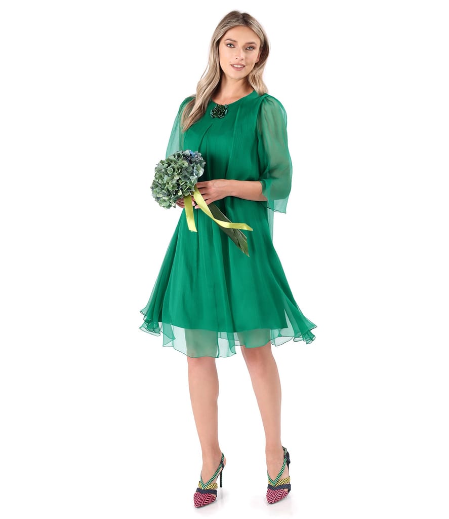 Rochie din voal de matase naturala cu brosa la decolteu