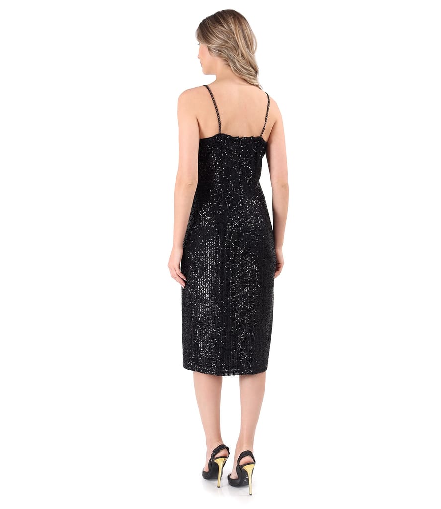 Rochie de seara midi din paiete metalizate negre cu bretele