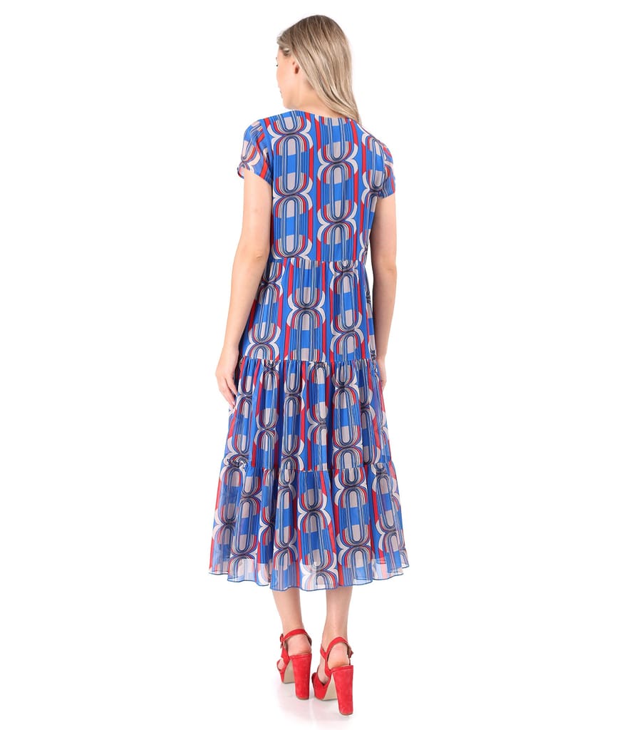 Rochie midi cu volane din voal imprimat digital