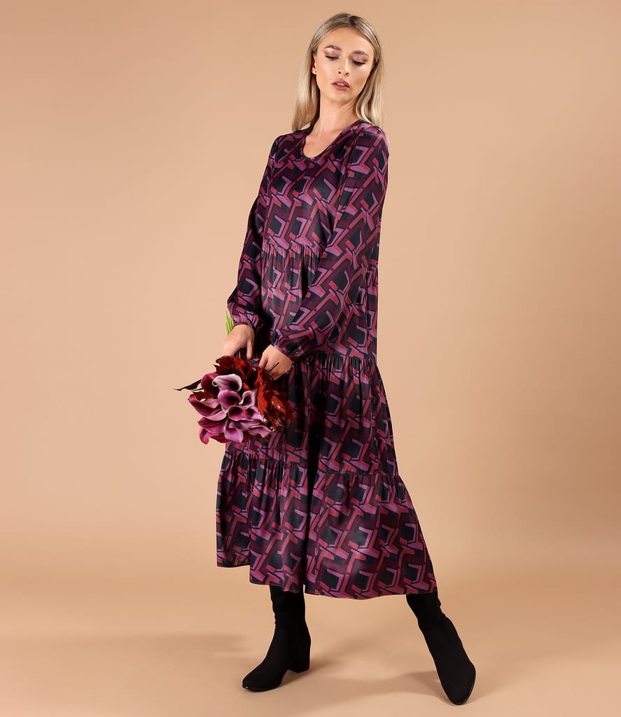 Rochie midi cu volane din saten de viscoza