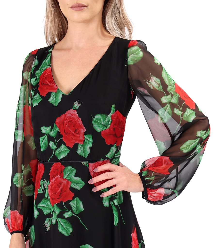 Rochie midi din voal imprimat digital cu motive florale