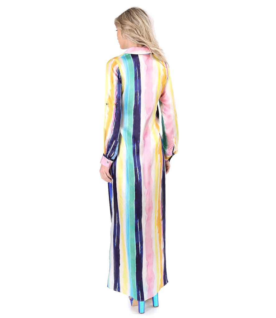 Rochie lunga tip camasa din matase naturala imprimata cu dungi