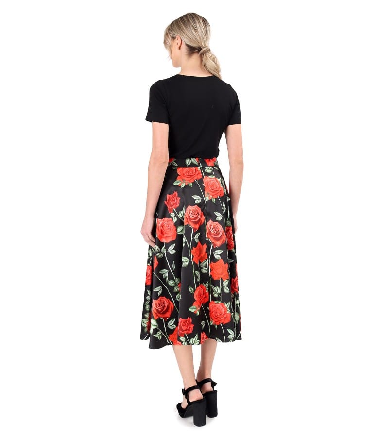 Bluza din jerse elastic uni cu fusta midi din saten imprimat cu trandafiri