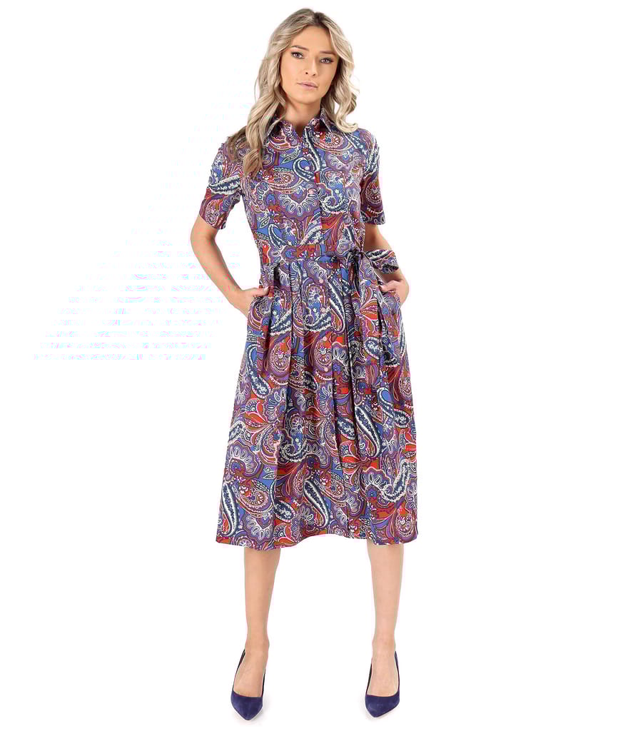 Rochie tip camasa din bumbac elastic imprimat cu lire