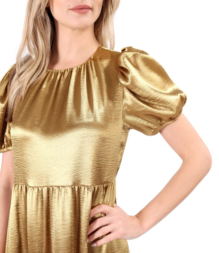 Rochie lunga satinata cu volane asimetrice