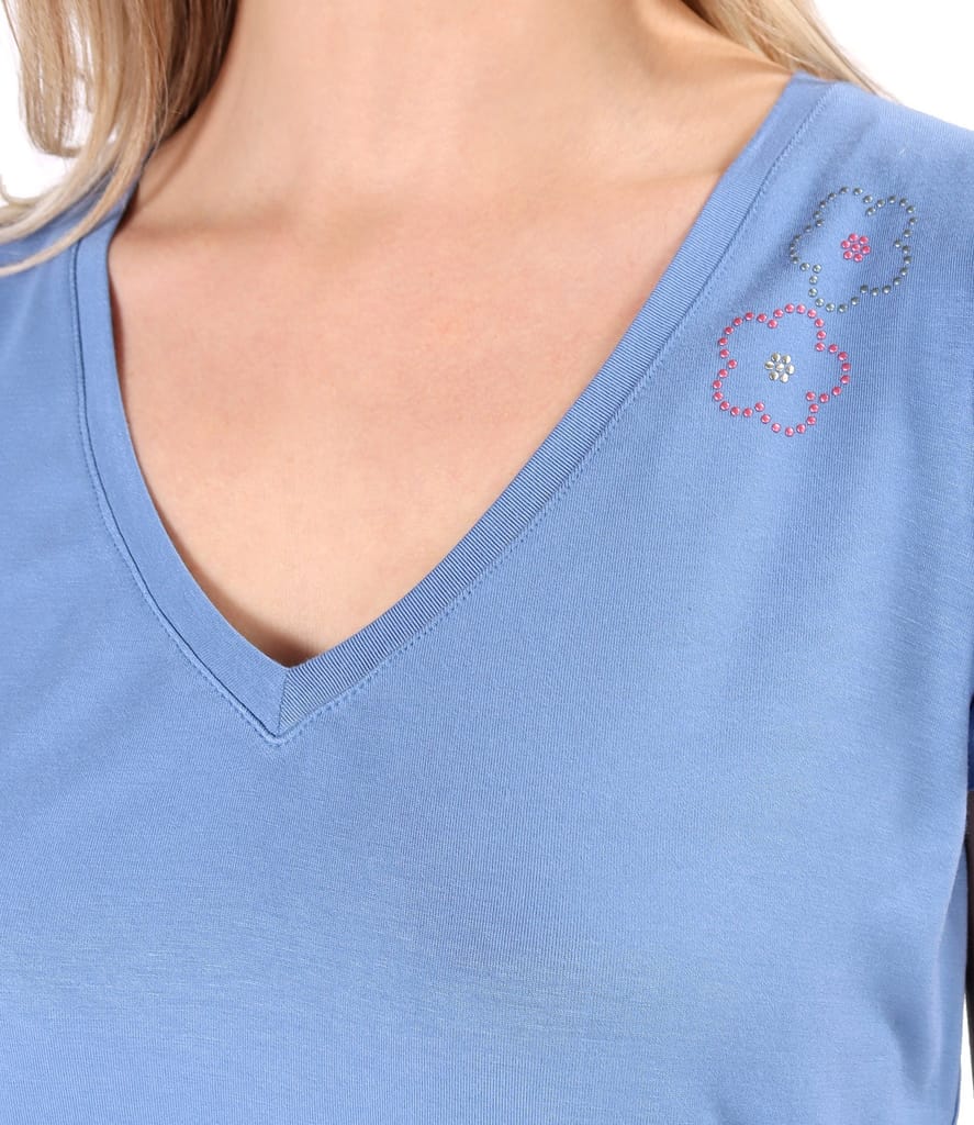 Bluza din jerse elastic uni cu flori aplicate la decolteu