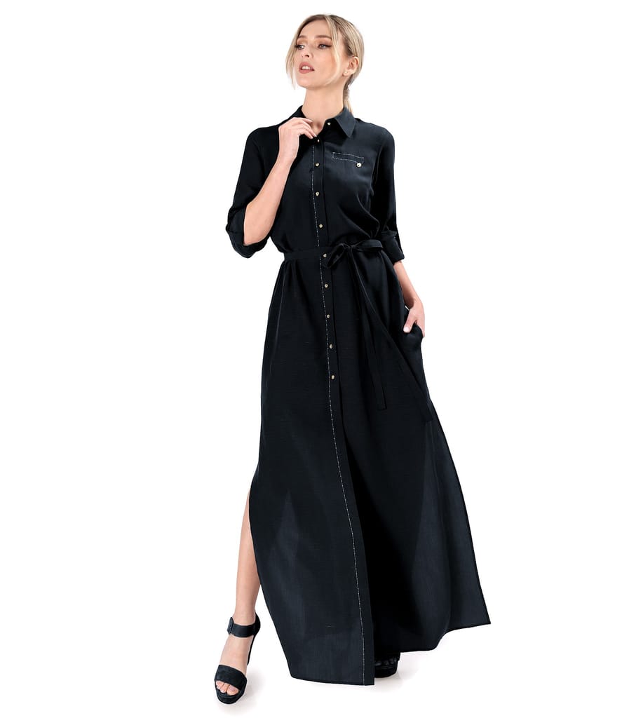 Rochie lunga tip camasa din tencel cu in