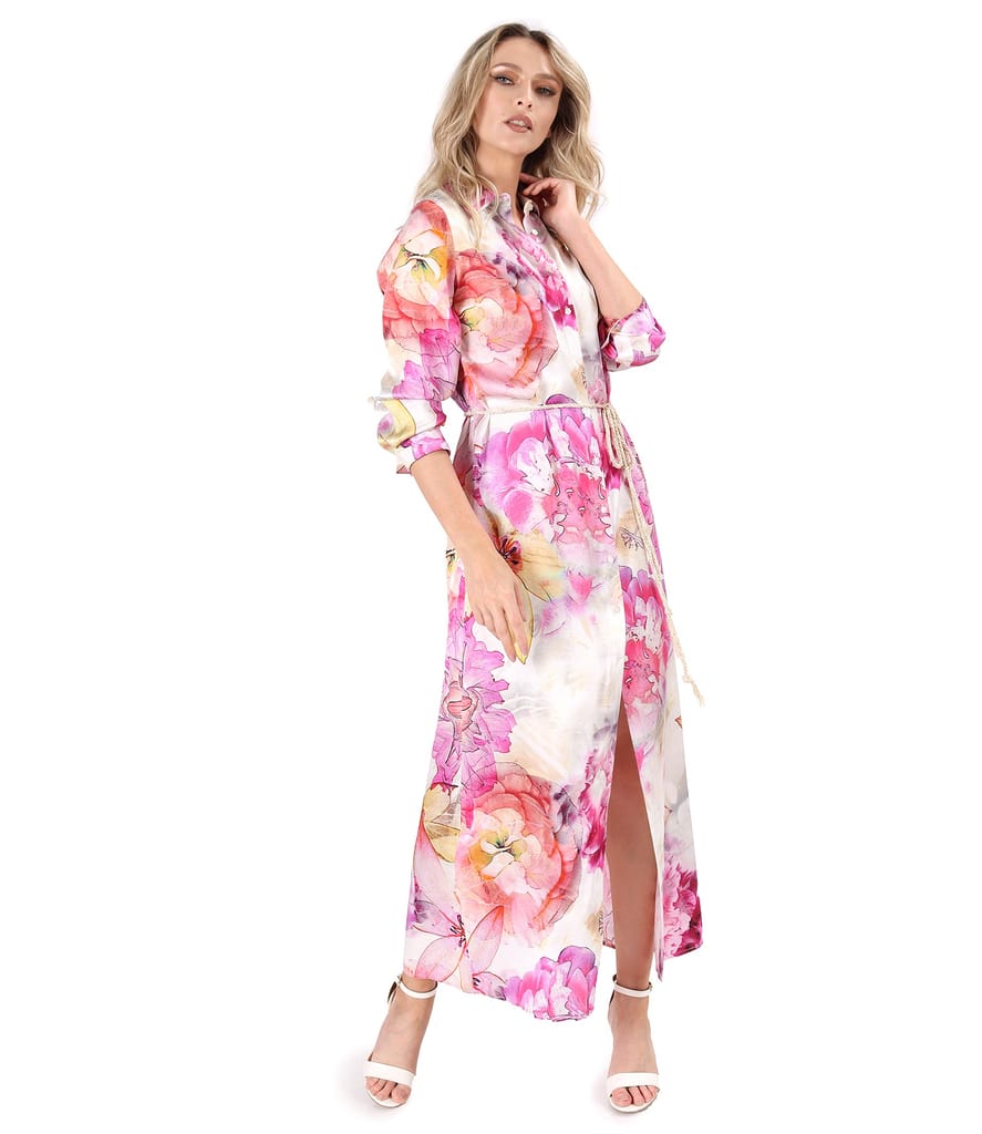 Rochie lunga tip camasa din satin de viscoza imprimata cu motive florale