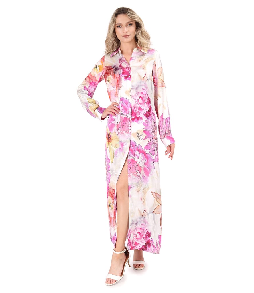 Rochie lunga tip camasa din satin de viscoza imprimata cu motive florale