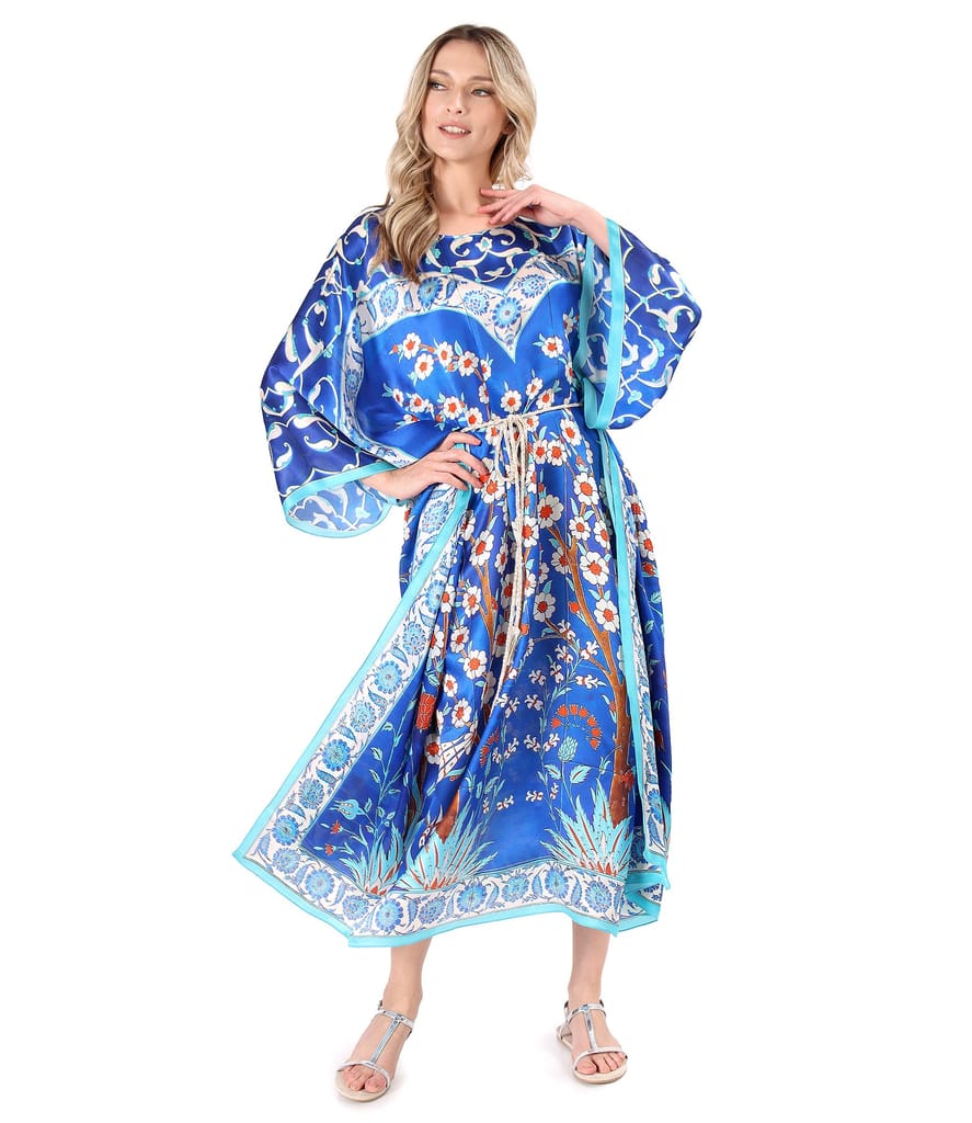 Rochie caftan din matase naturala fina cu cordon in talie