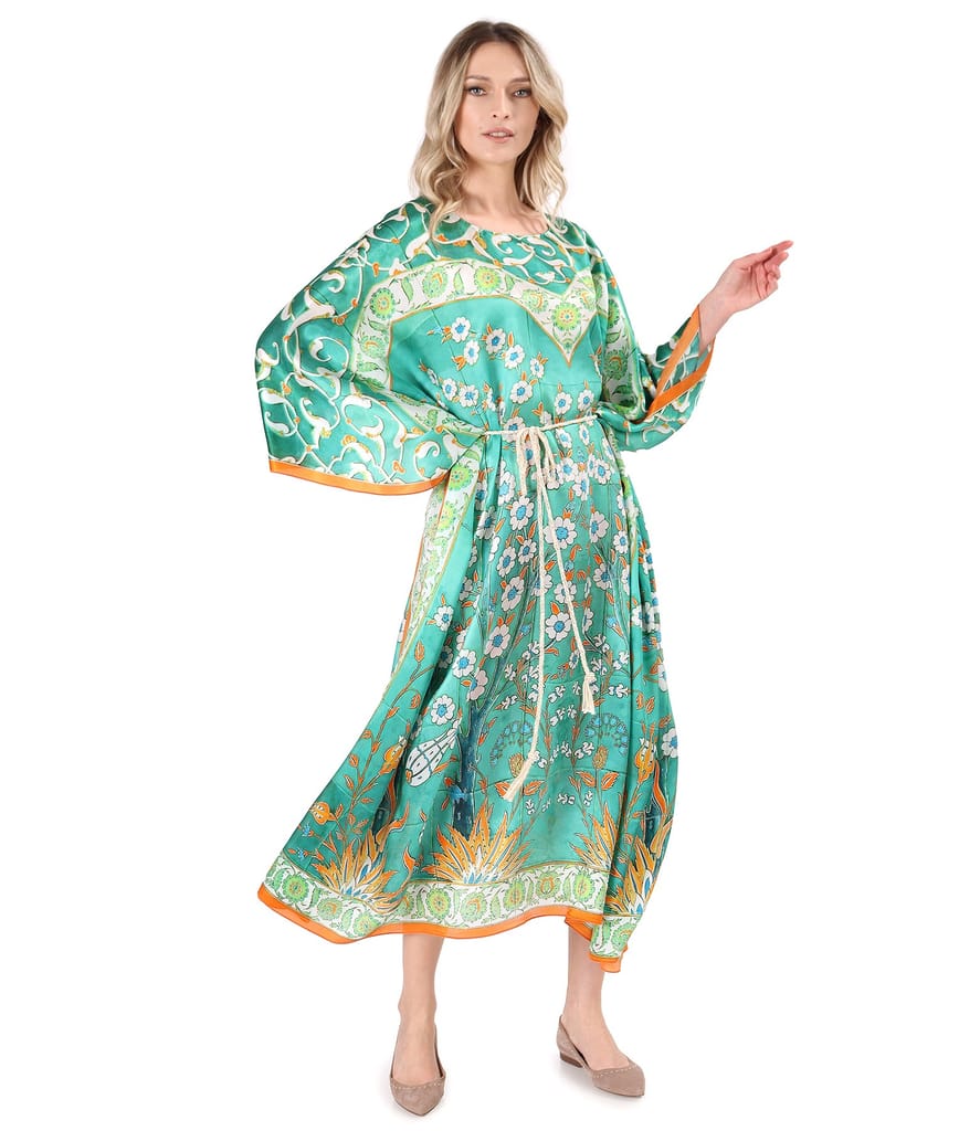 Rochie caftan din matase naturala fina cu cordon in talie