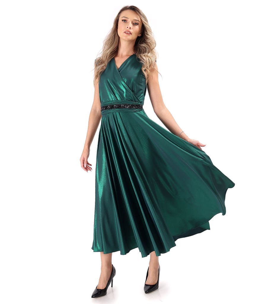 Rochie midi de ocazie din jerse elastic cu efect lucios