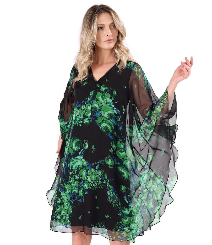 Rochie fluture din voal imprimat digital cu motive florale