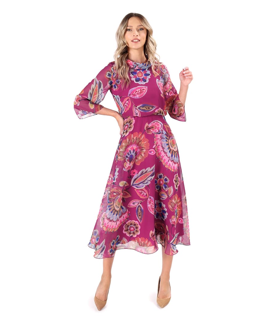 Rochie midi eleganta din voal imprimat cu motive florale