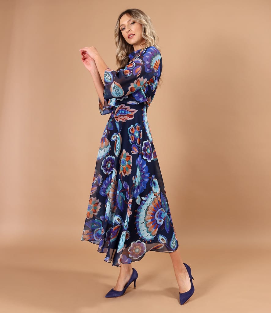 Rochie midi eleganta din voal imprimat cu motive florale