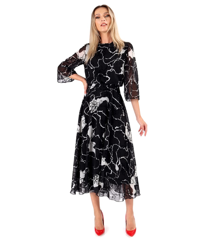 Rochie midi din voal cu motive florale brocat cu catifea