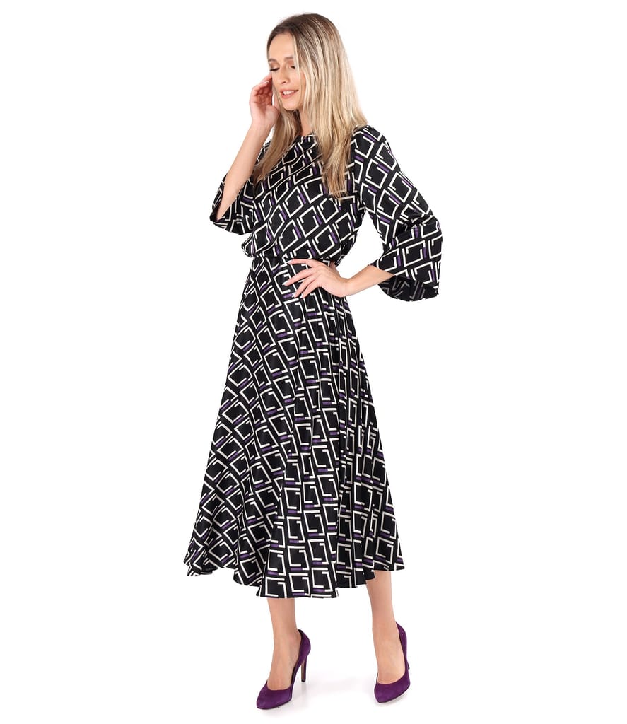 Rochie midi din satin de viscoza imprimata cu motive geometrice