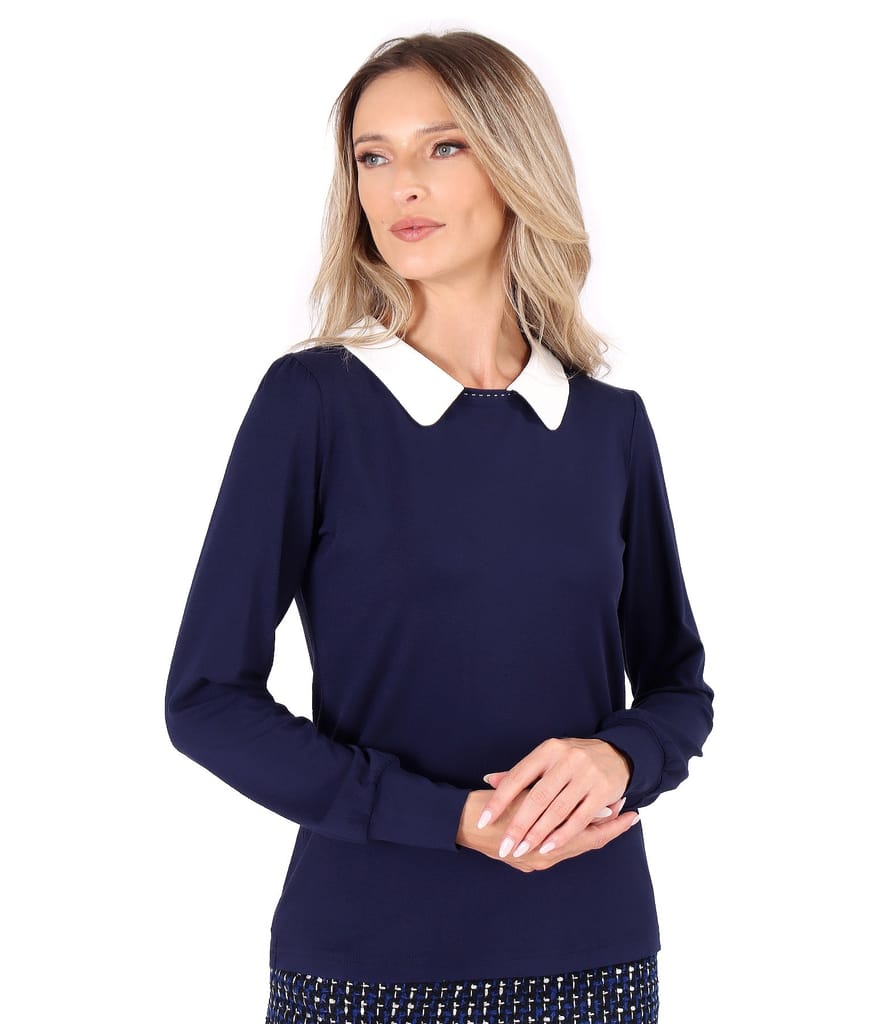 Bluza eleganta din jerse elastic cu guler alb