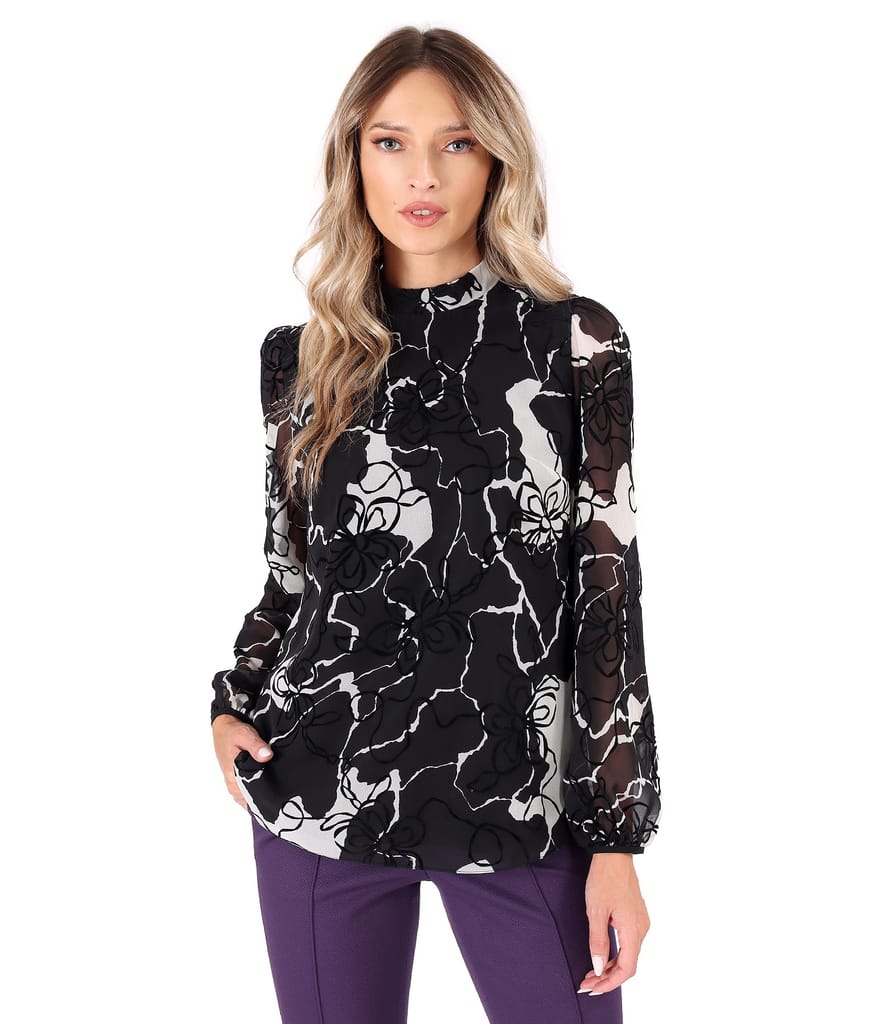 Bluza lejera din voal cu motive florale brocat cu catifea