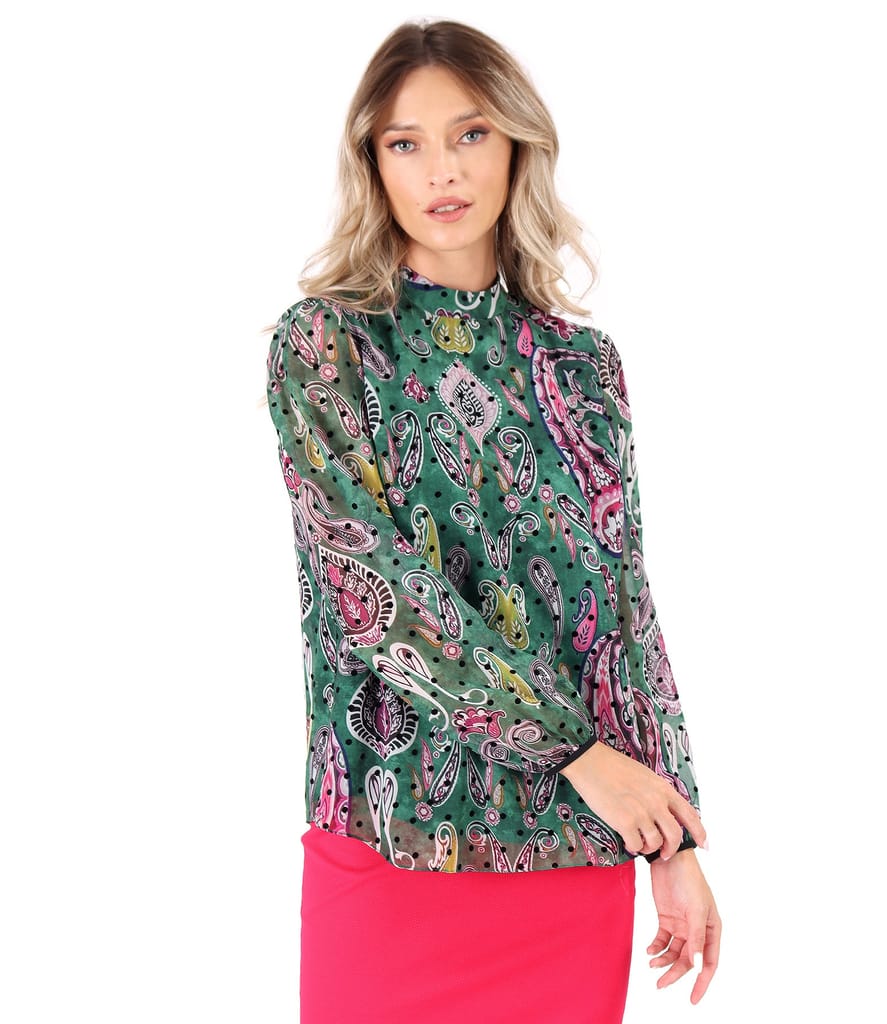 Bluza lejera din voal imprimat cu motive paisley si cu picouri din catifea