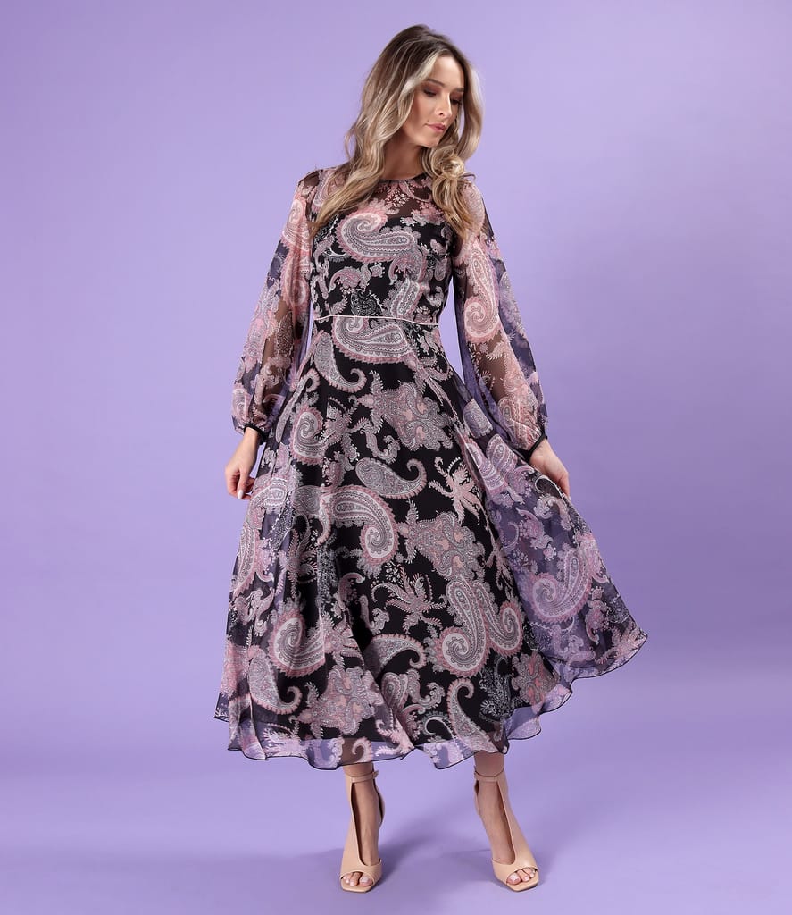 Rochie midi din voal fin imprimat digital cu motive paisley