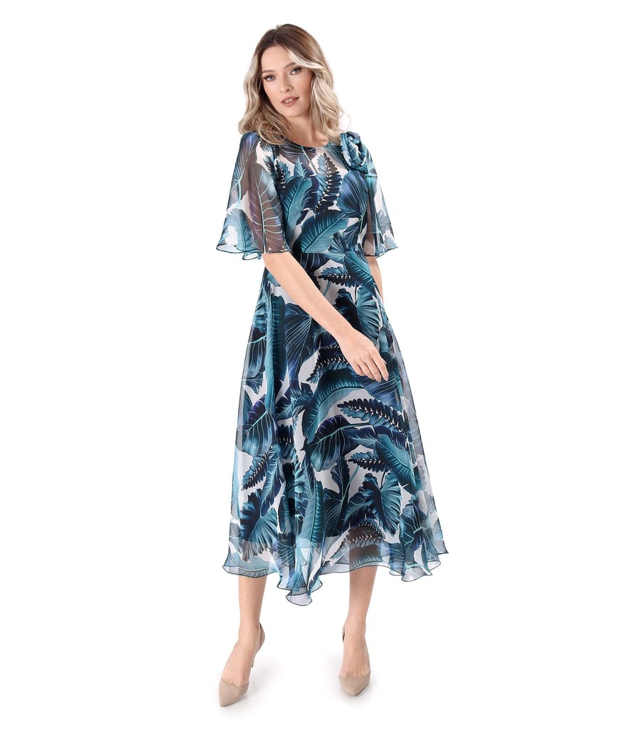 Rochie midi din voal fin imprimat digital cu maneci ample