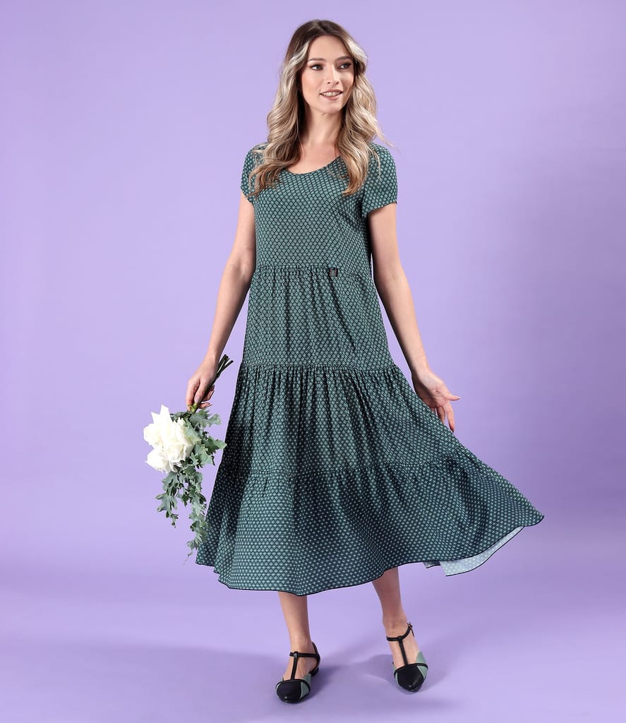 Rochie midi cu volane din viscoza imprimata cu motive geometrice