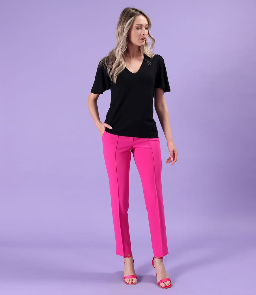 Tinuta eleganta cu pantaloni pana si bluza din jerse elastic cu maneci ample