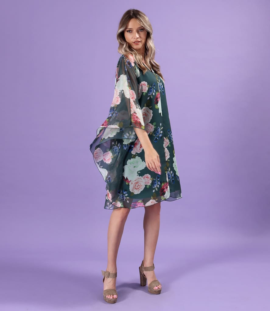 Rochie fluture din voal fin imprimat digital cu motive florale
