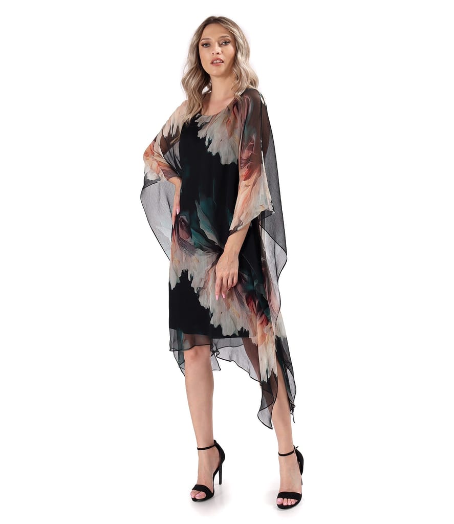 Rochie fluture din voal de matase naturala imprimata cu motive florale