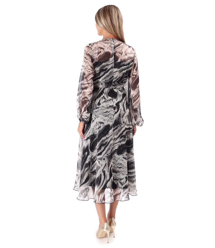 Rochie midi din voal imprimat cu cristale in talie