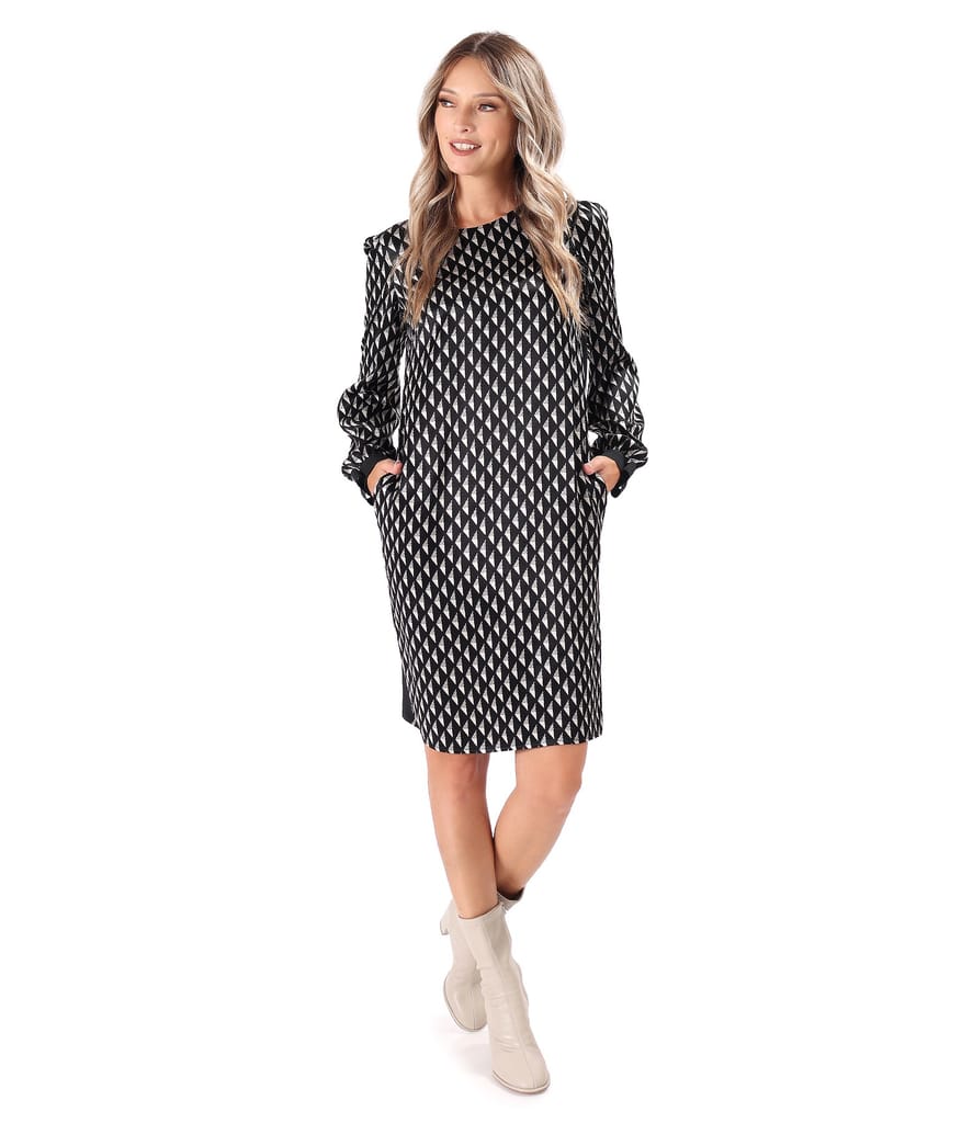 Rochie lejera cu fata din satin de viscoza imprimata cu motive geometrice