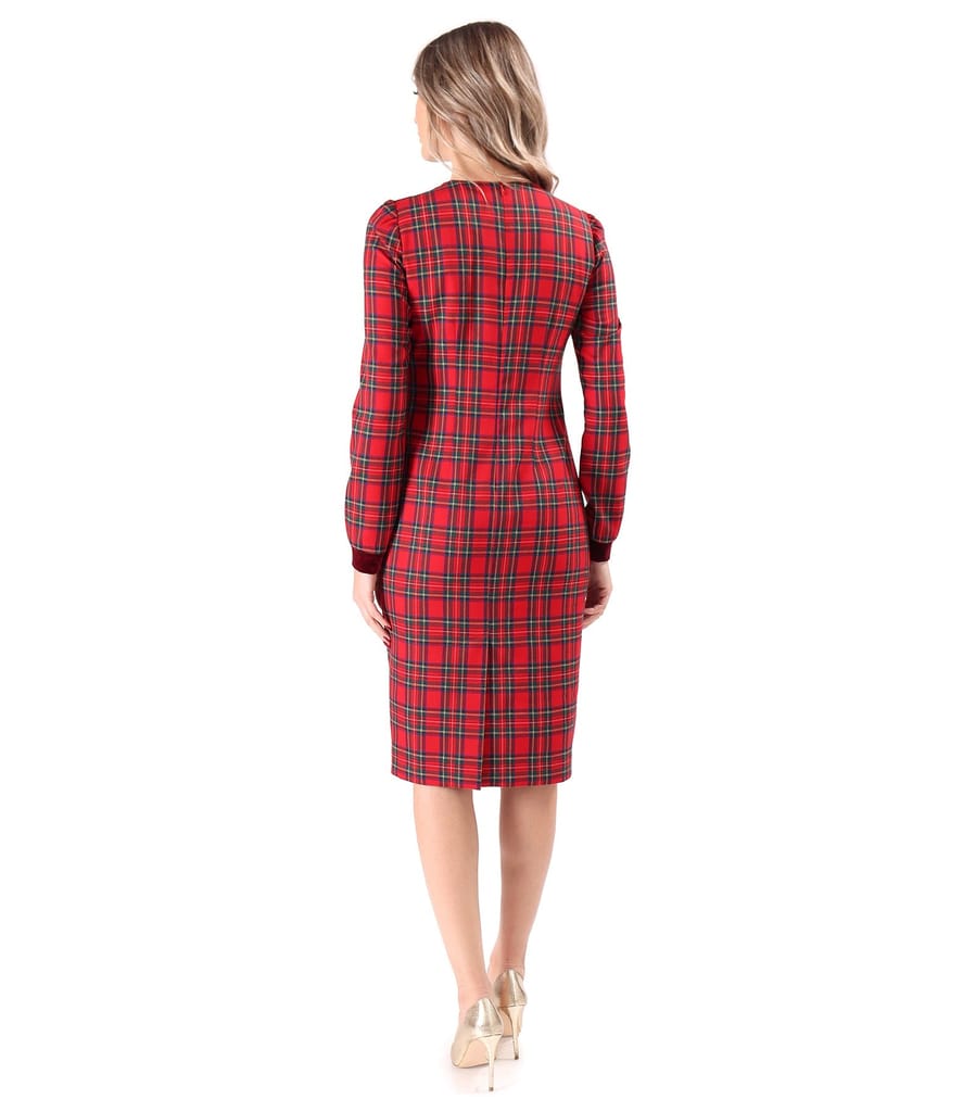 Rochie eleganta in carouri cu maneci lungi