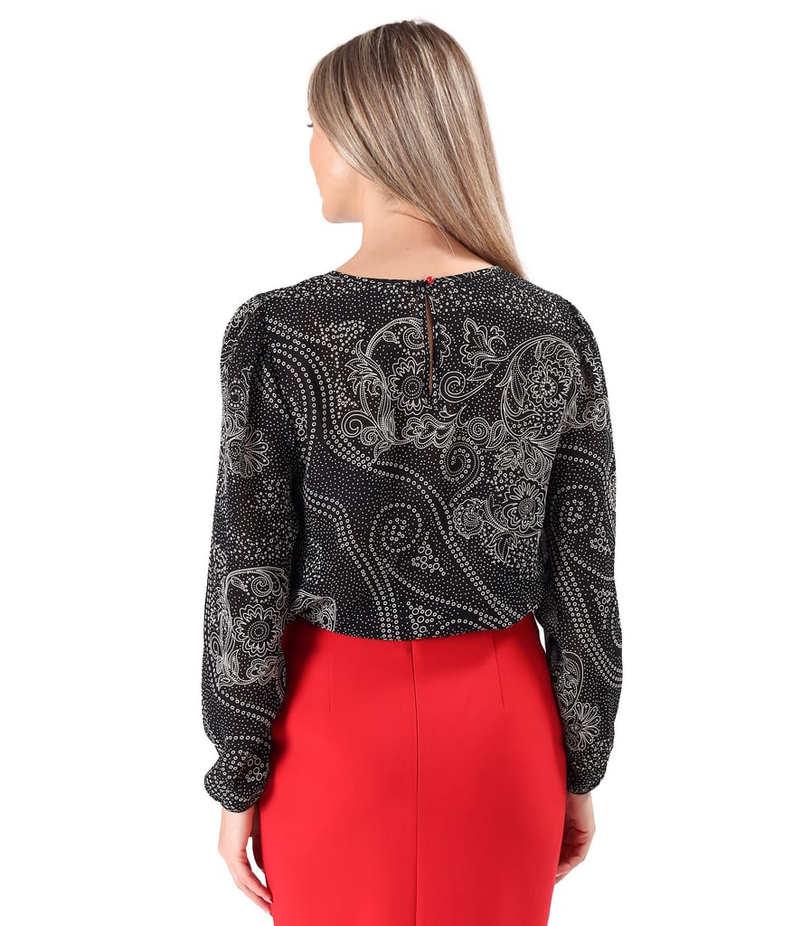 Bluza cu falduri la decolteu din viscoza imprimata cu motive florale