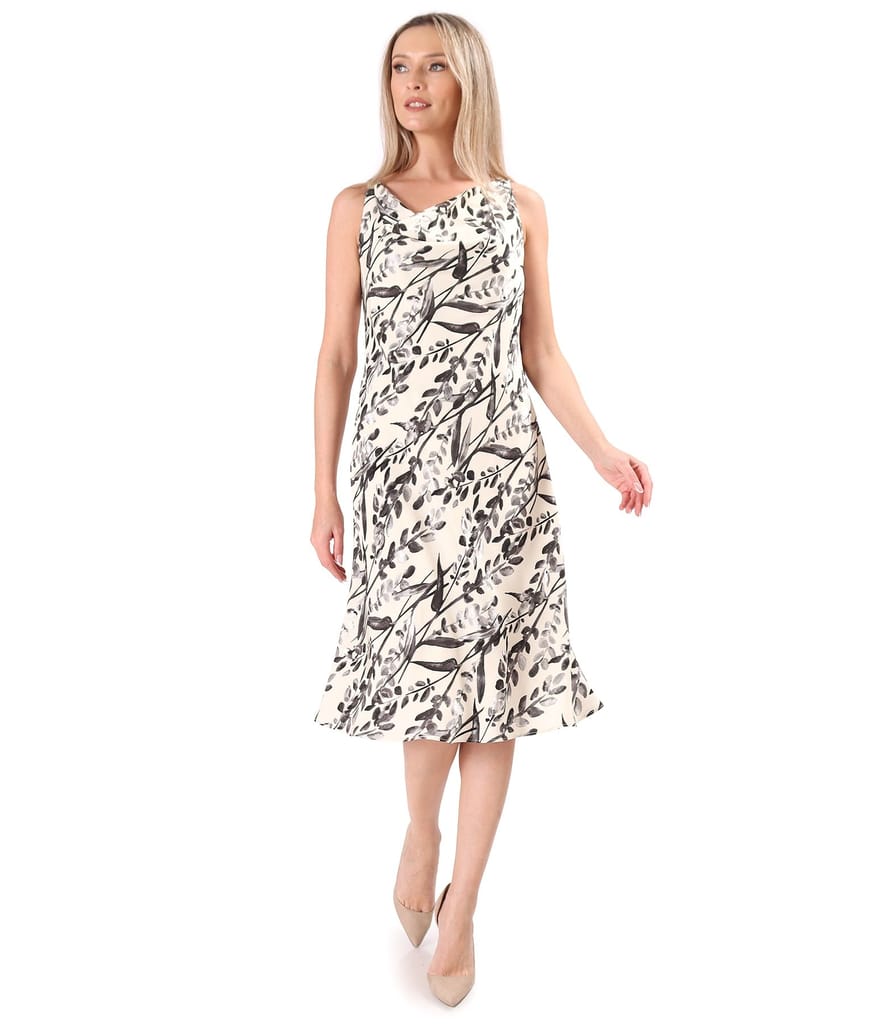 Rochie midi pe bie din viscoza cu motive florale si fir de effect