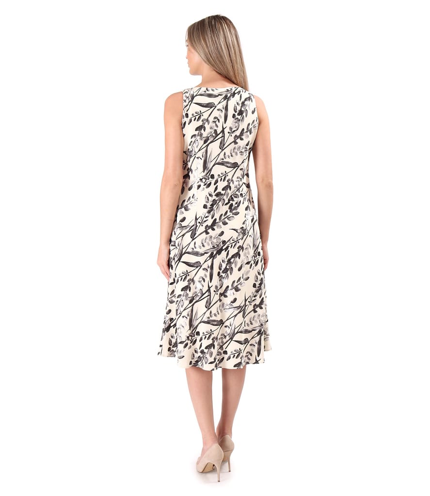 Rochie midi pe bie din viscoza cu motive florale si fir de effect