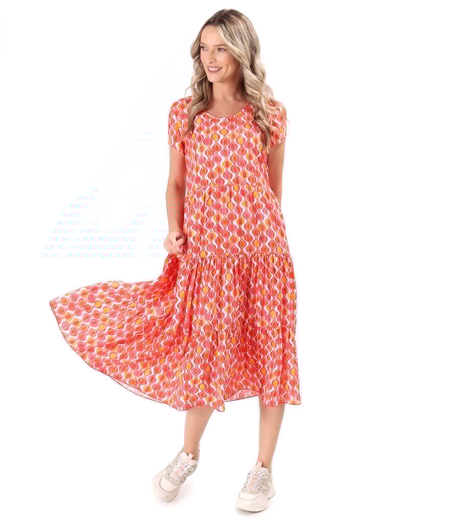 Rochie midi cu volane din viscoza imprimata cu motive geometrice