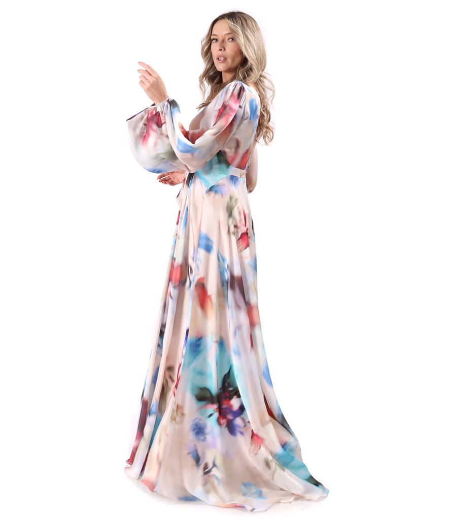 Rochie lunga de seara din voal imprimat