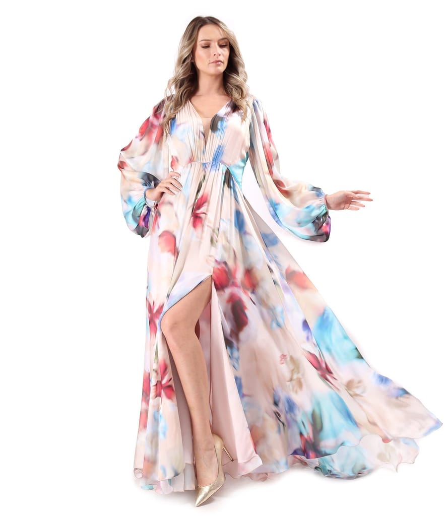 Rochie lunga de seara din voal imprimat