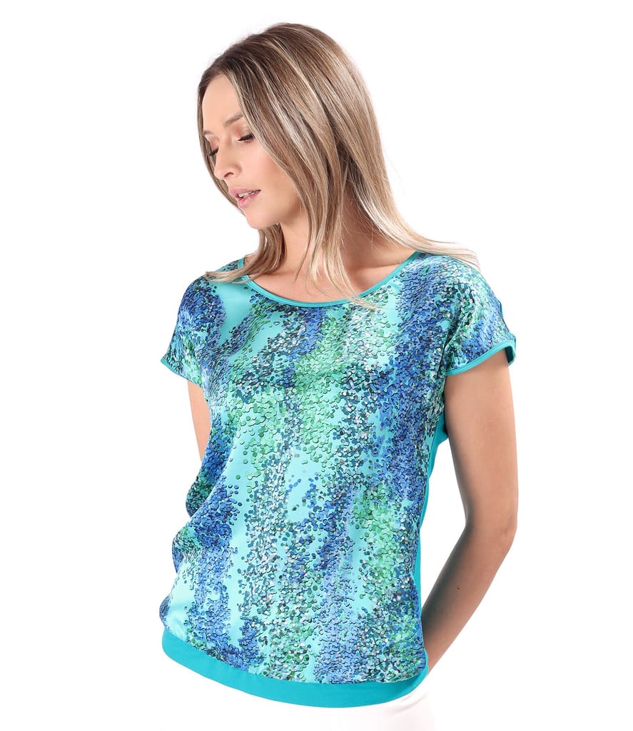 Bluza lejera cu fata din matase naturala imprimata cu motive geometrice