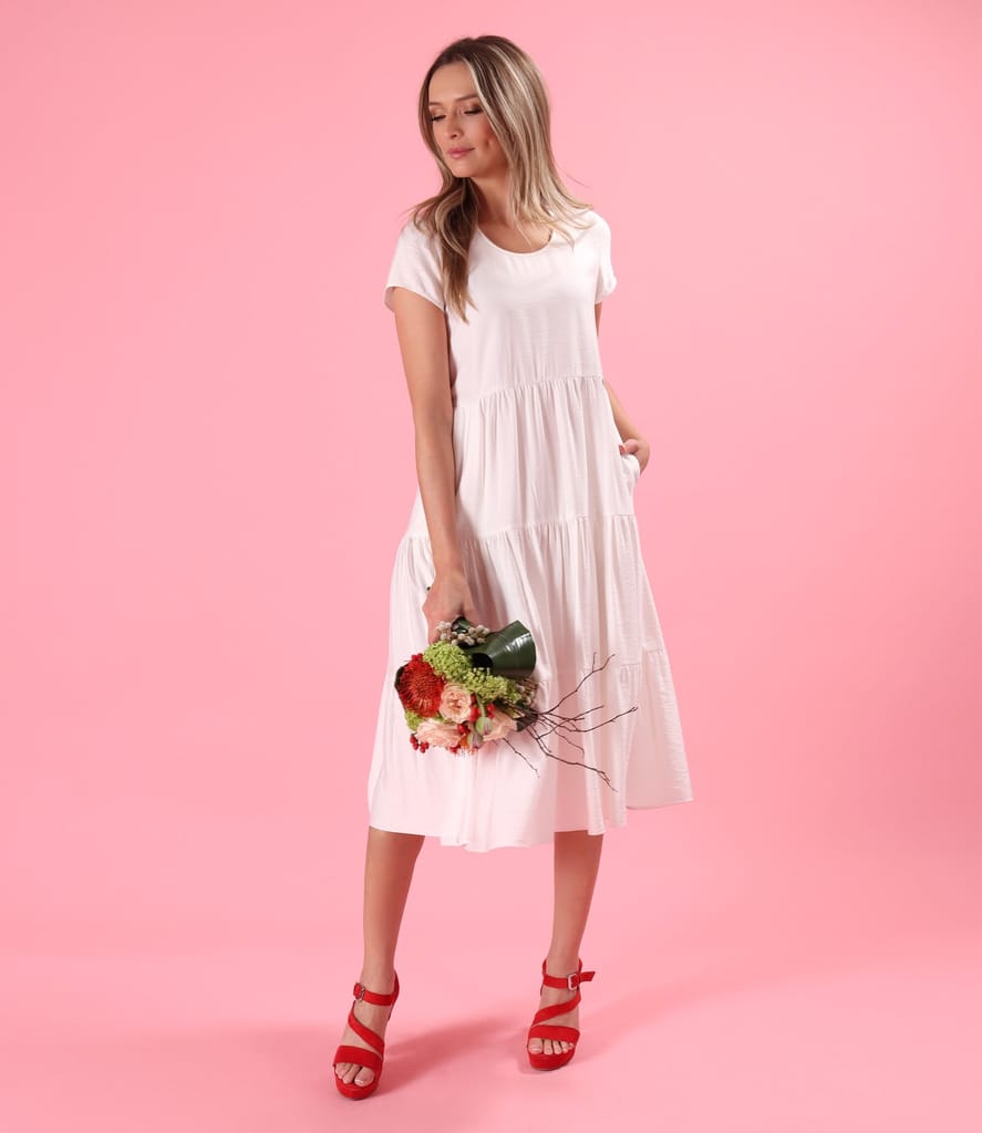 Rochie midi cu volane din viscoza usor creponata