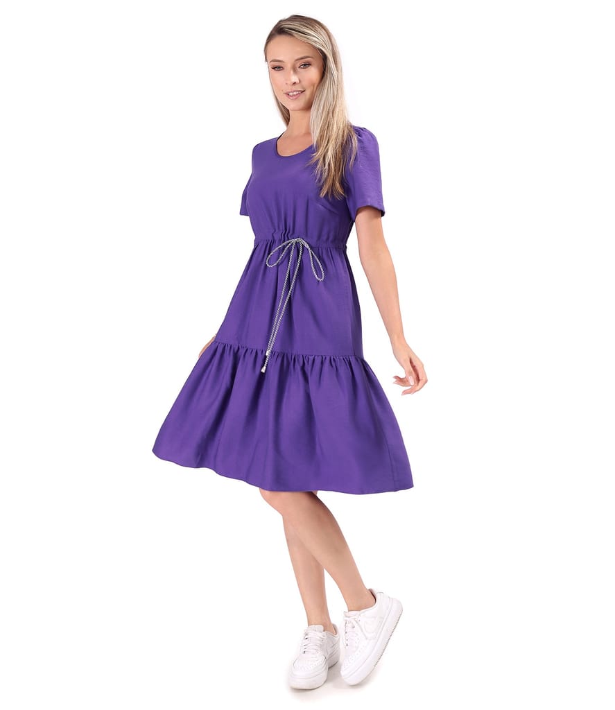 Rochie cu volane din viscoza incretita cu snur in talie