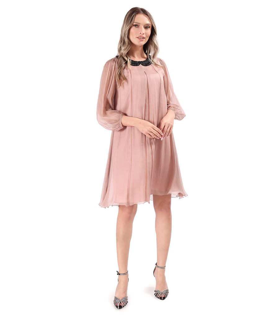 Rochie din voal de matase naturala cu guler de margele