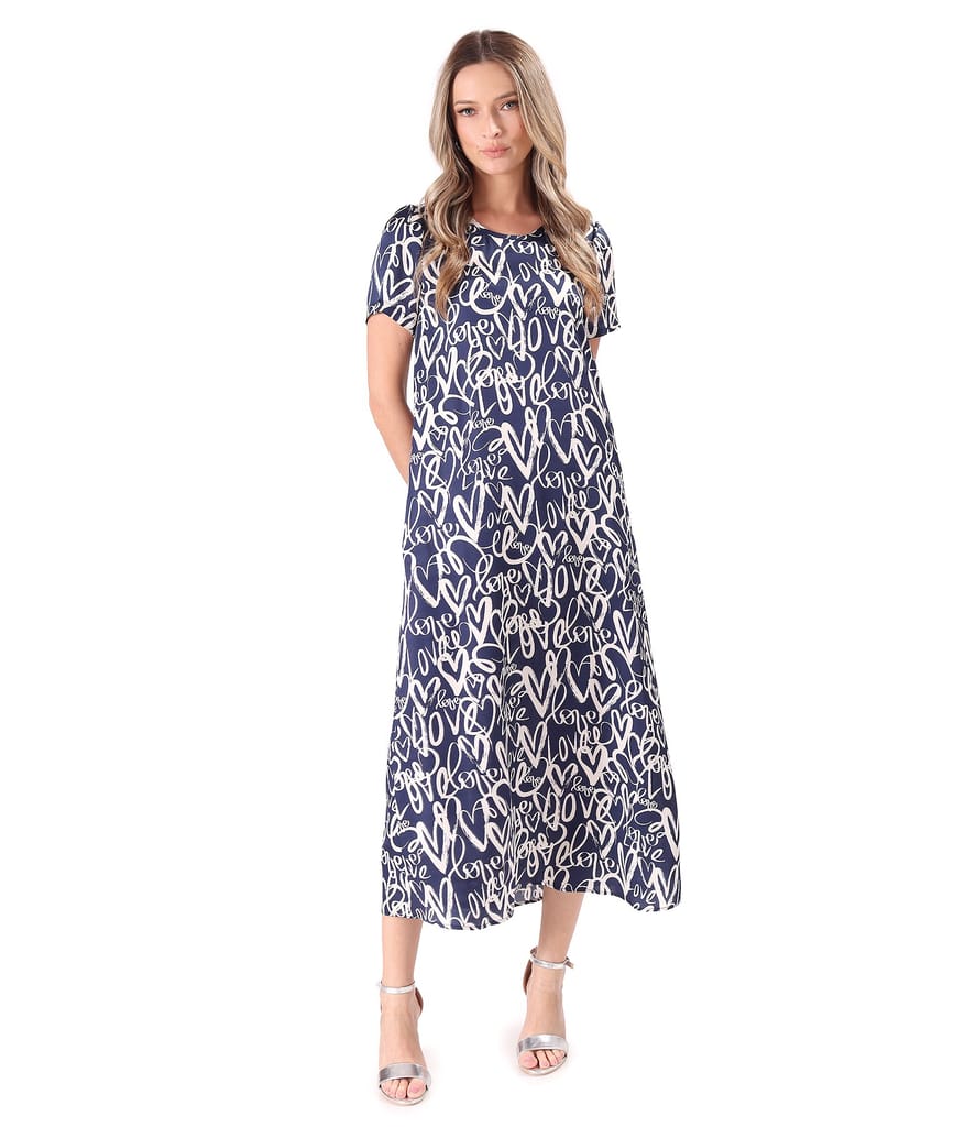 Rochie midi din satin de viscoza imprimata cu inimi