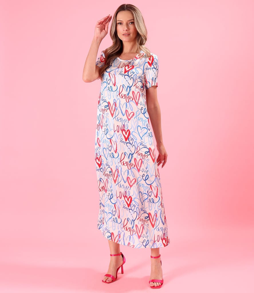 Rochie midi din satin de viscoza imprimata cu inimi
