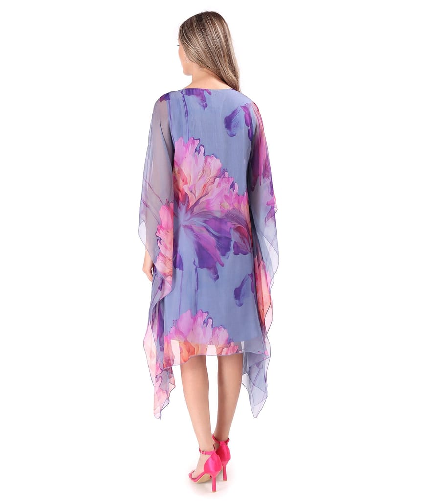 Rochie fluture din voal de matase naturala imprimata cu motive florale